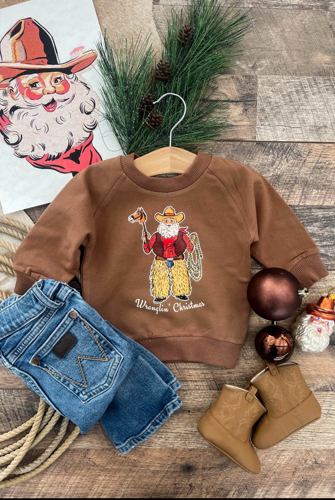 Wranglin’ Christmas Santa Infant Sweatshirt (Brown)