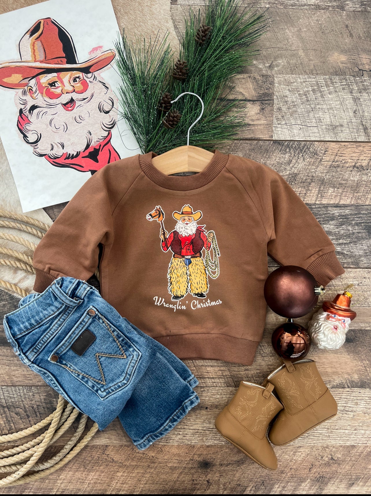 Wranglin’ Christmas Santa Infant Sweatshirt (Brown)