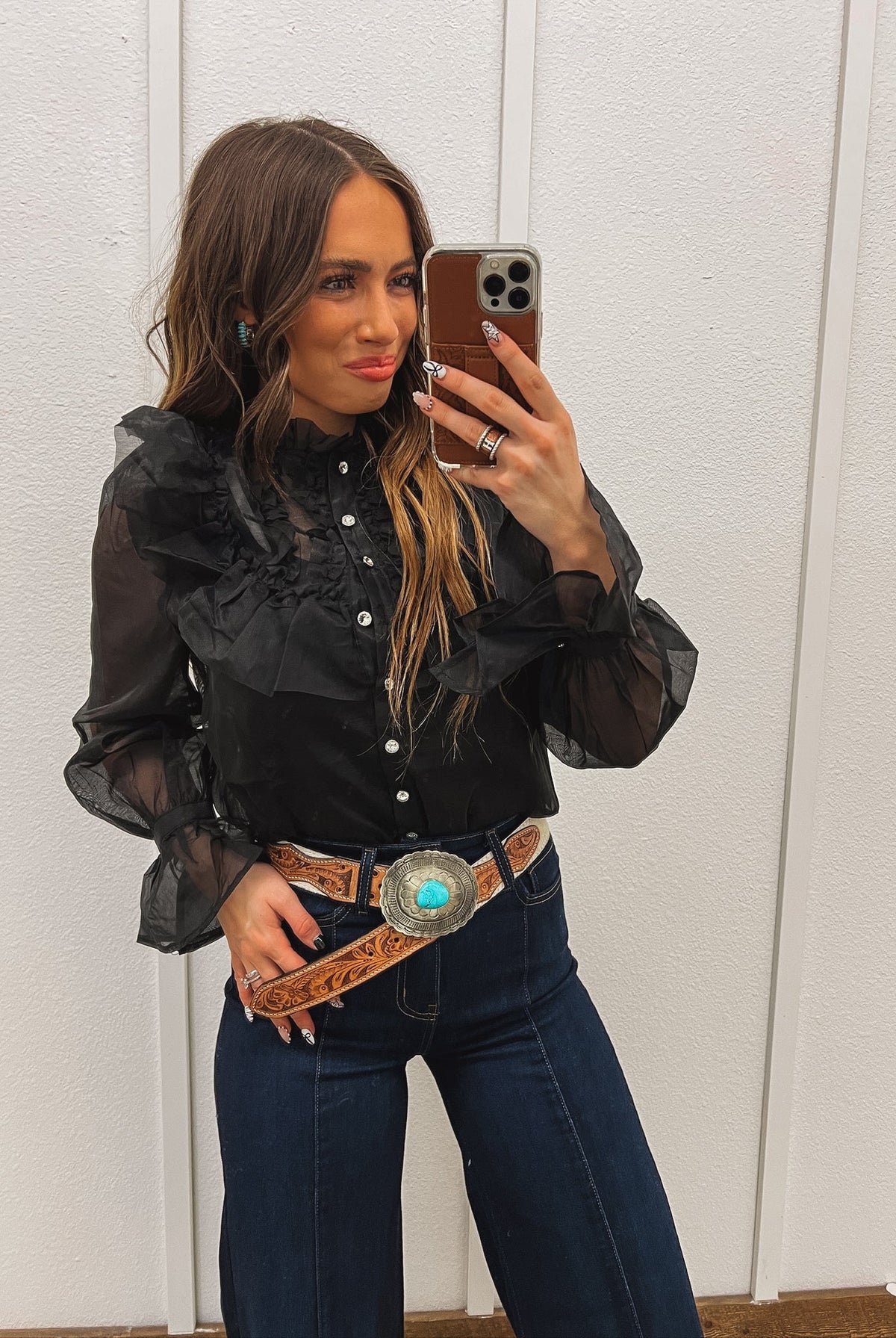 Ruffle & Rhinestone Blouse Tops -Blouses