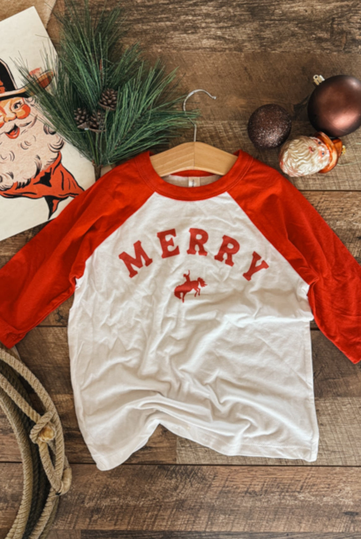 Merry Bronc Rider Christmas Toddler Raglan Tee(Red)