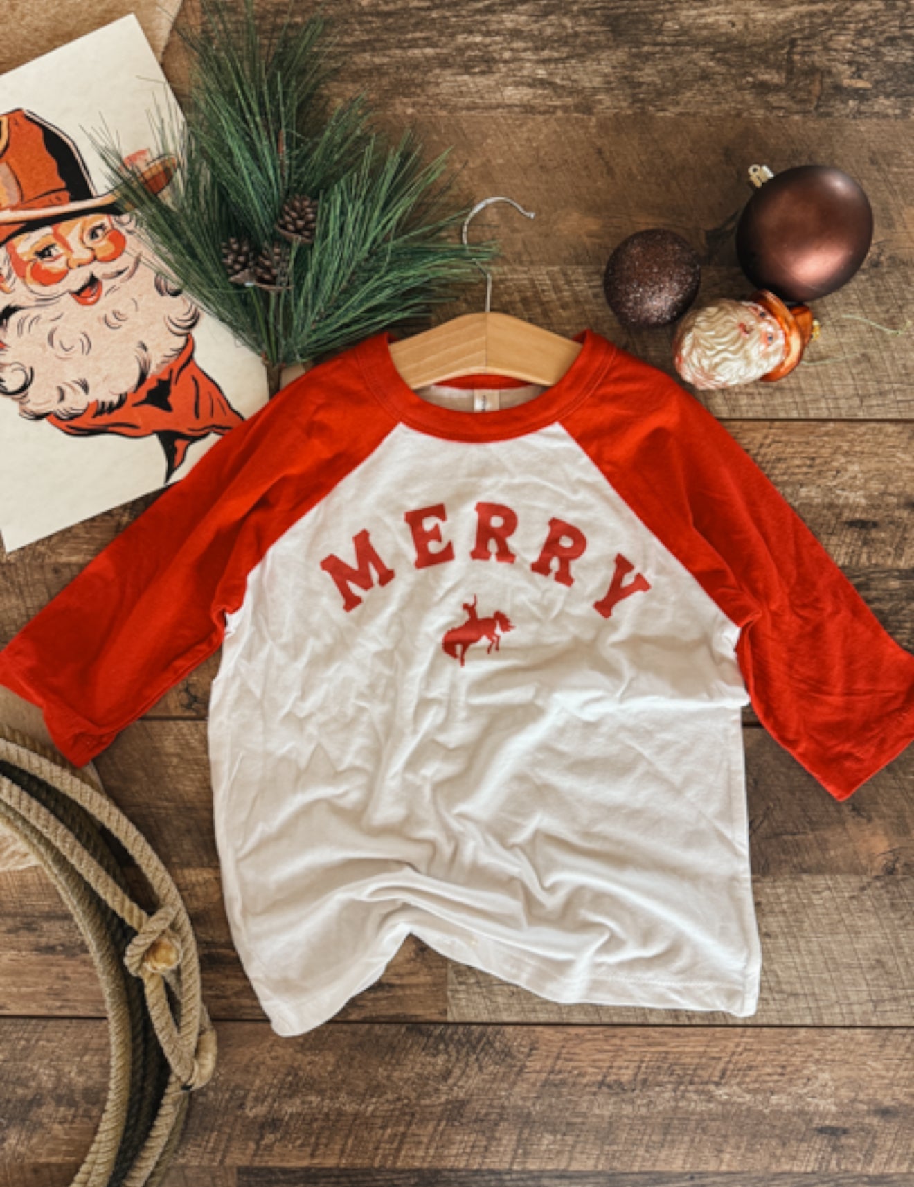 Merry Bronc Rider Christmas Toddler Raglan Tee(Red)