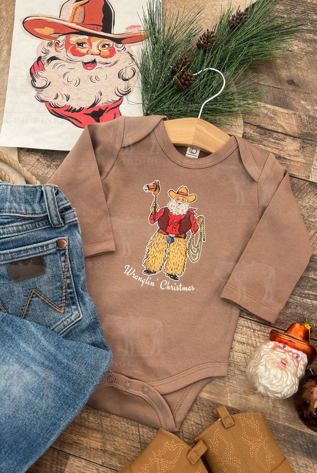 Wranglin’ Christmas Santa Design (l/s Onesie/ Tee)(truffle)