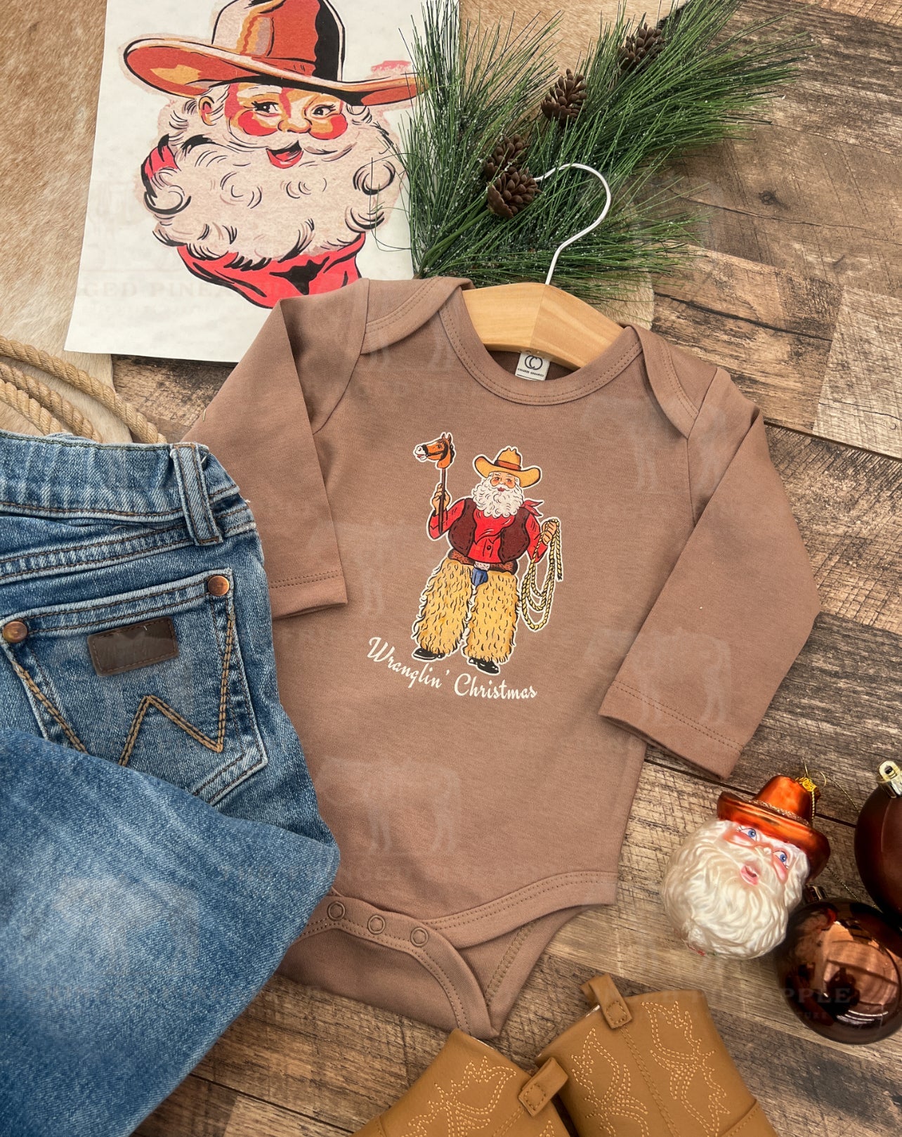 Wranglin’ Christmas Santa Design (l/s Onesie/ Tee)(truffle)