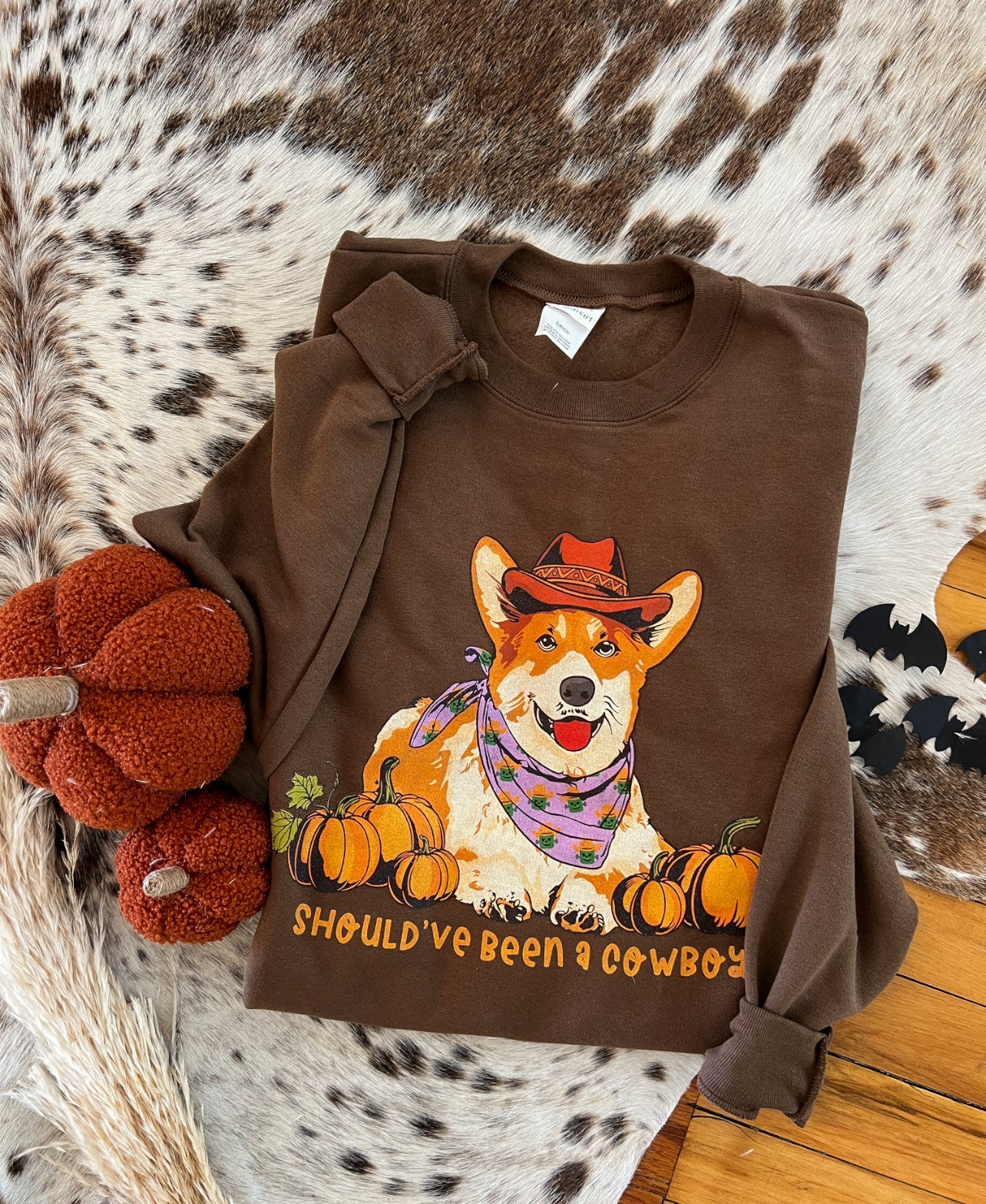 Corgi Western Halloween Graphic Design Tee or Sweatshirt (Brown)