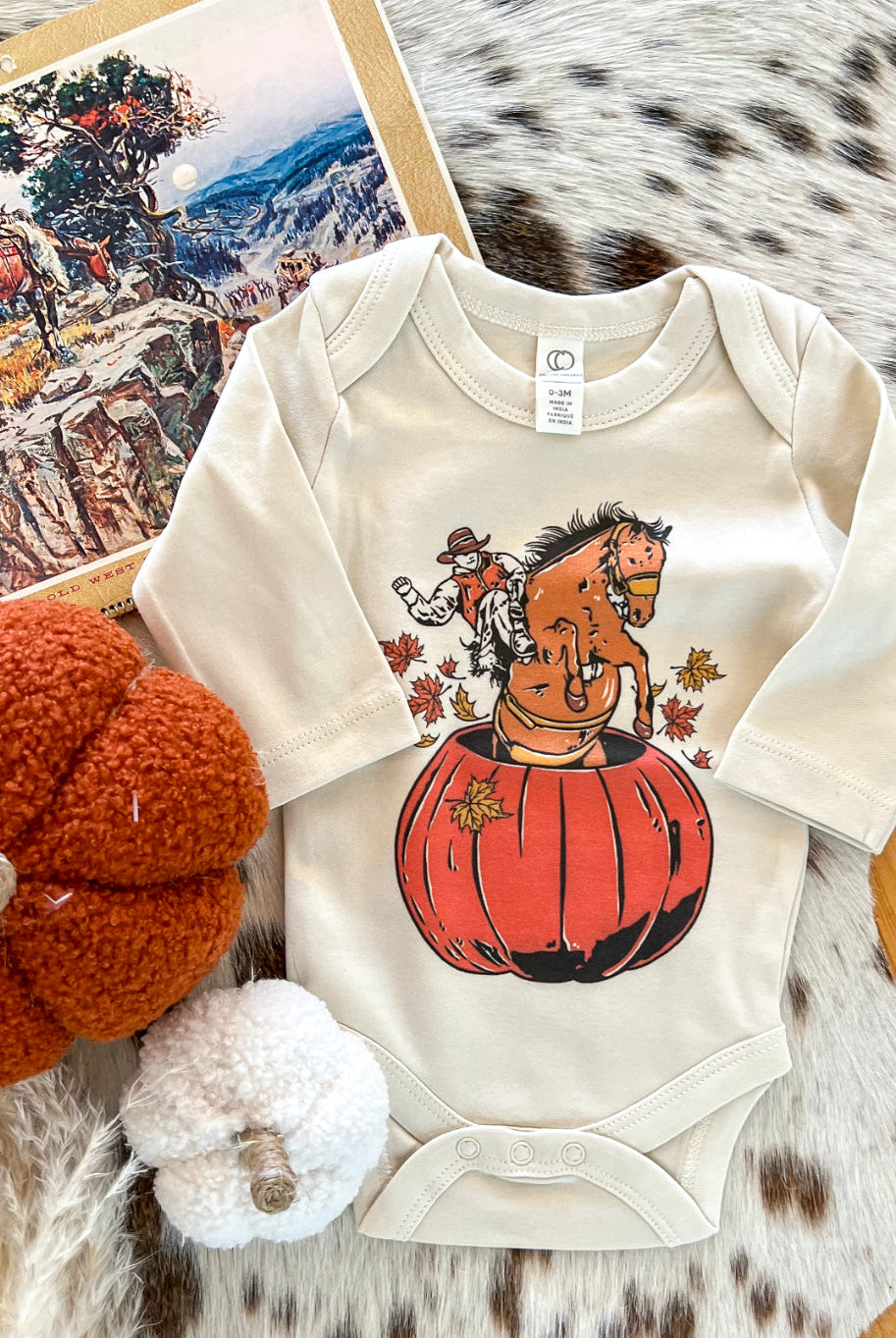 Fall Bronc Pumpkin Cowboy Longsleeve Onesie(little kid)(natural)