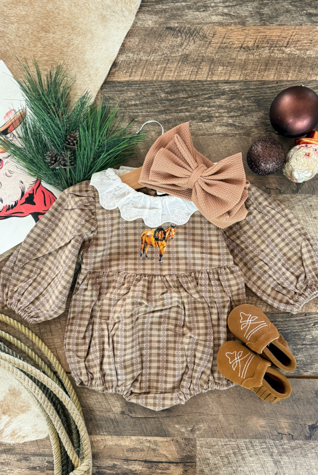 Mocha Plaid Plaid Horse Flannel Romper