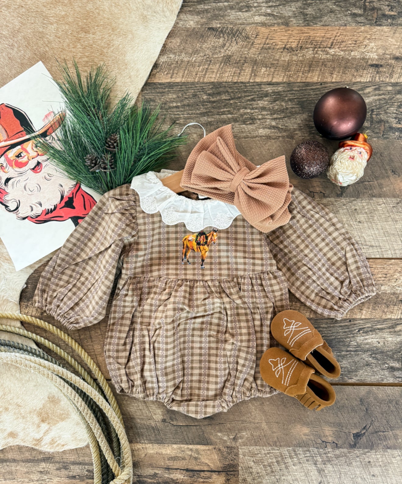 Mocha Plaid Plaid Horse Flannel Romper