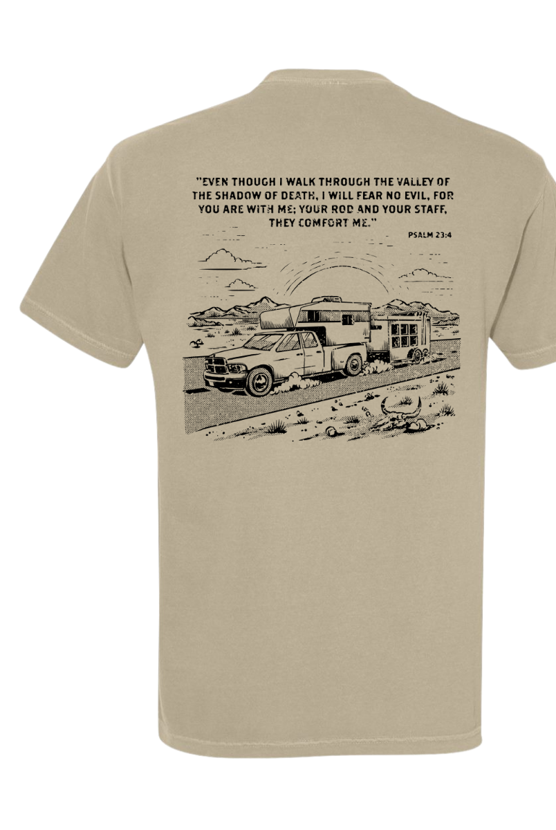 ’Valley of the Shadow’ Truck & Trailer Tee- Psalm 23:4 (Khaki)