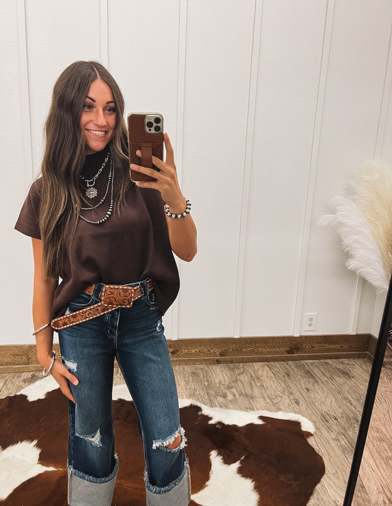 Out In The Country Mock Neck (Brown) Tops - Sweaters