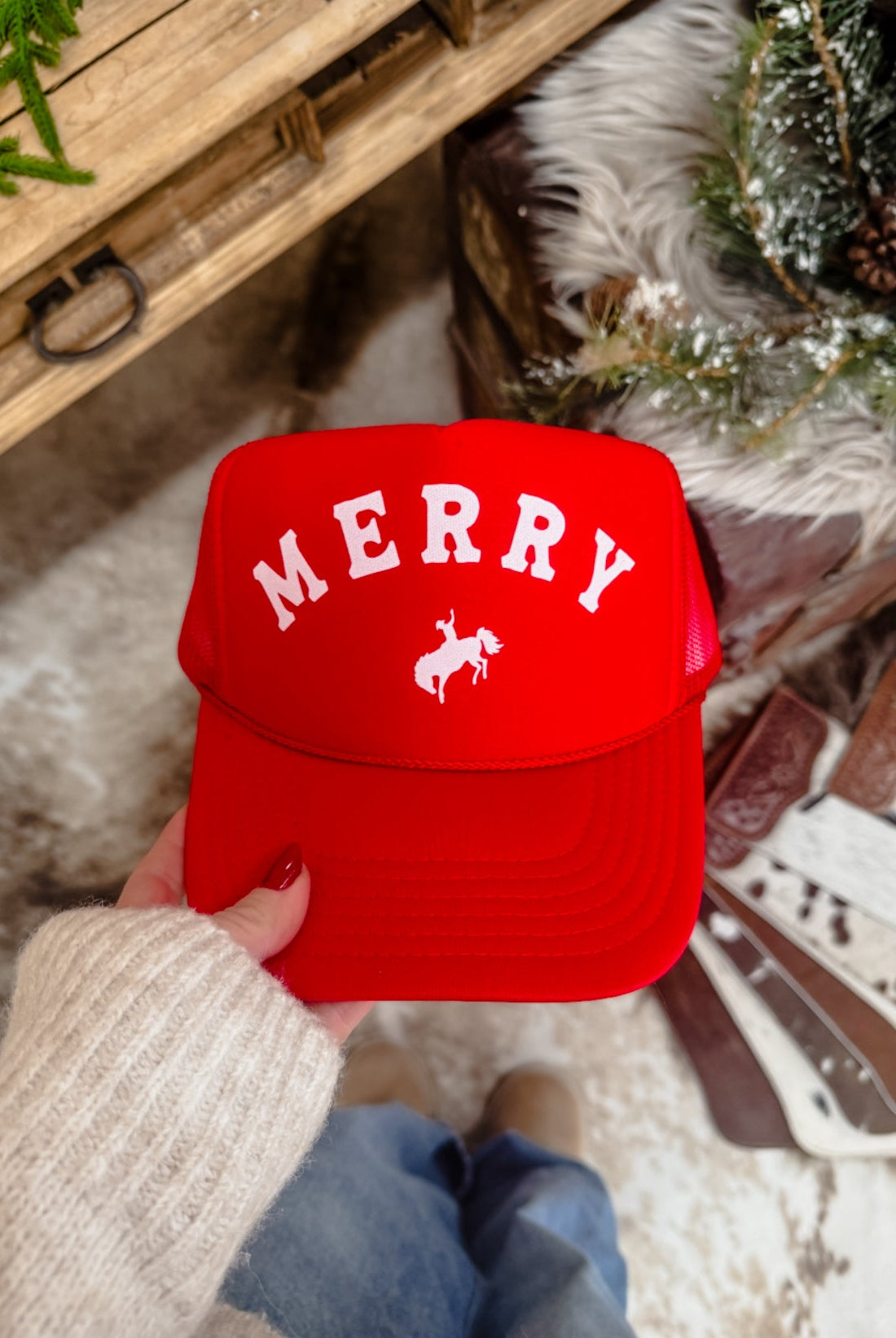 Merry Bronc Christmas Trucker Hat (Adult)(Olive) Olive