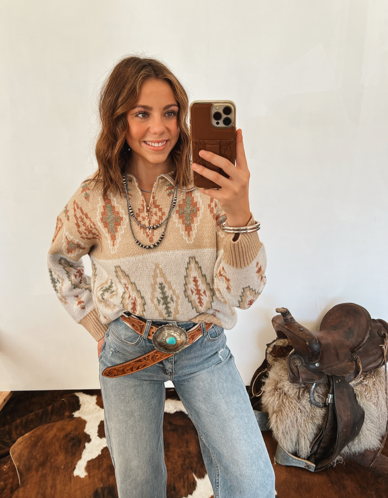 Aztec Half Zip Pullover Sweater Tops - Outwear
