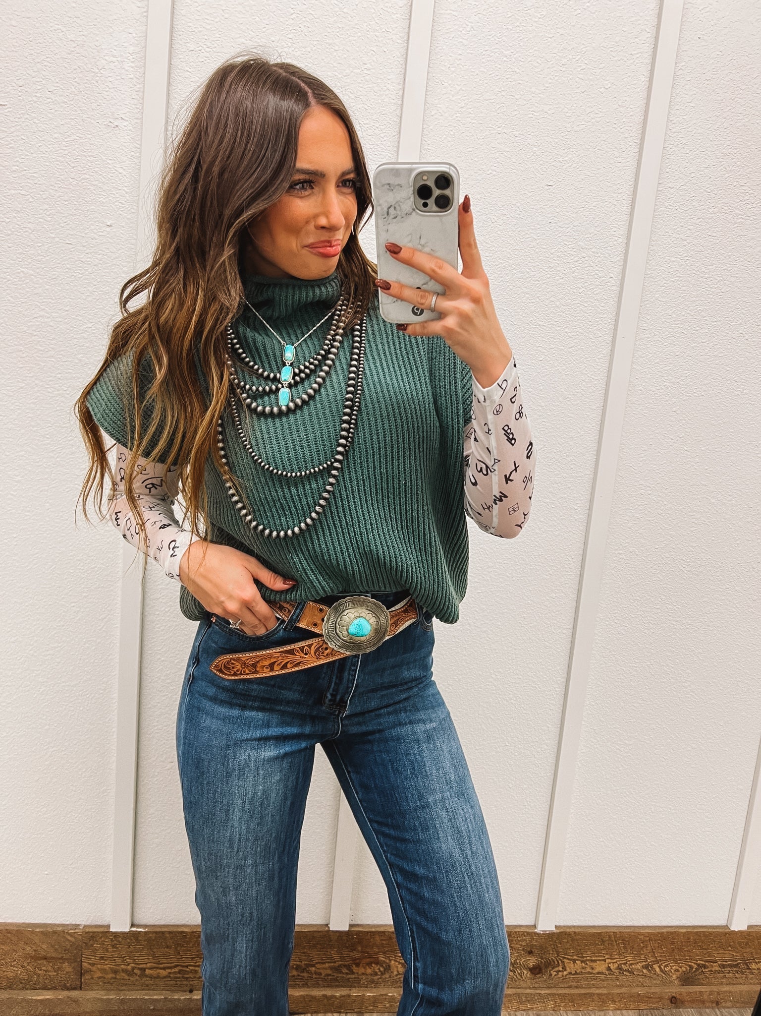 Western Knit Sweater Vest (Ash Jade) Tops - Sweaters