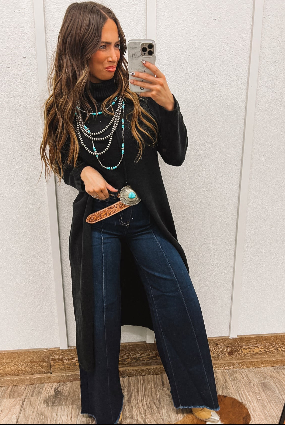 Turtle Neck Sweater Dress With Slit (Black) Tops - Sweaters