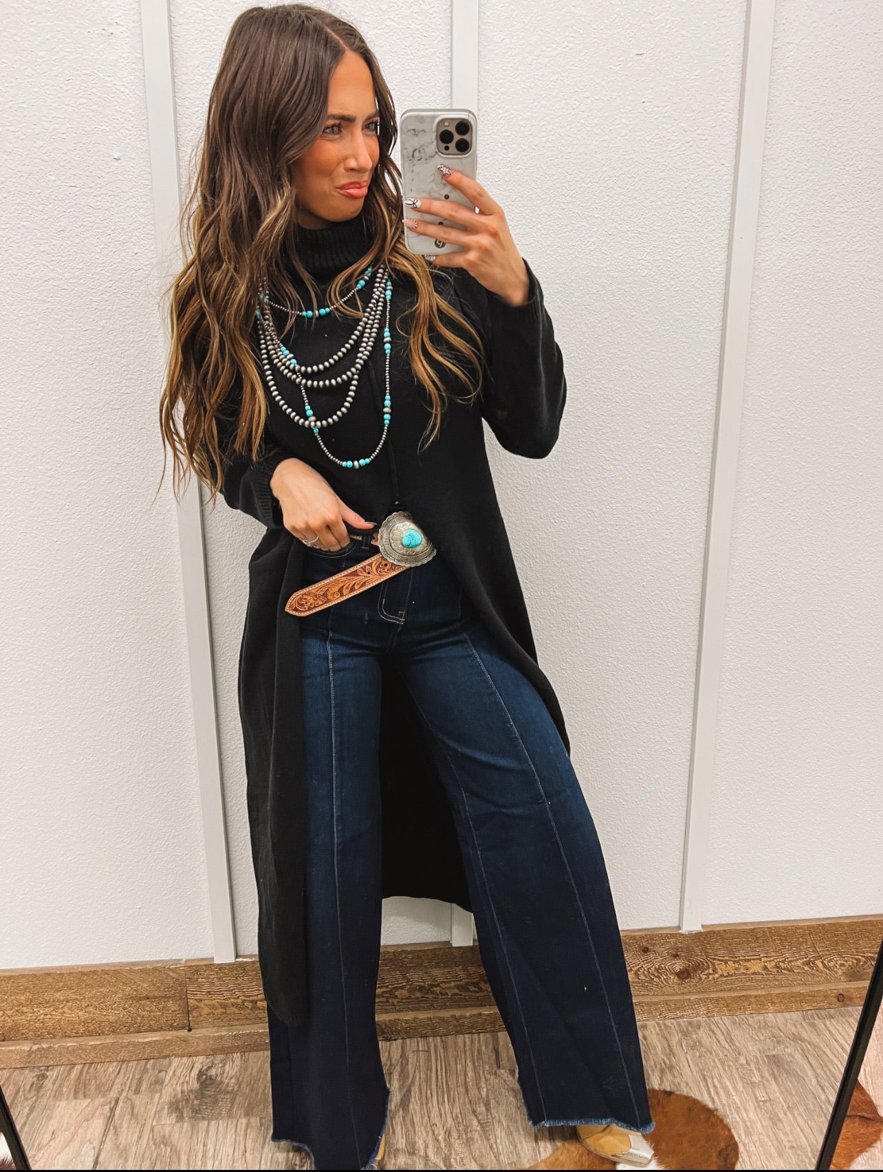 Turtle Neck Sweater Dress With Slit (Black) Tops - Sweaters