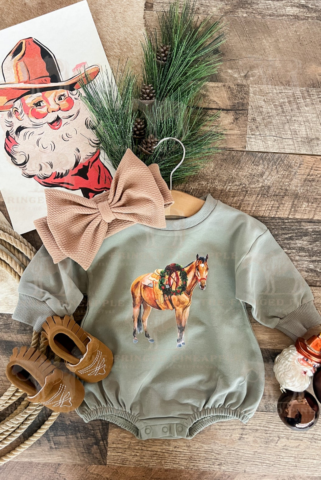 Wreath Horse Christmas Bubble Romper (Green)