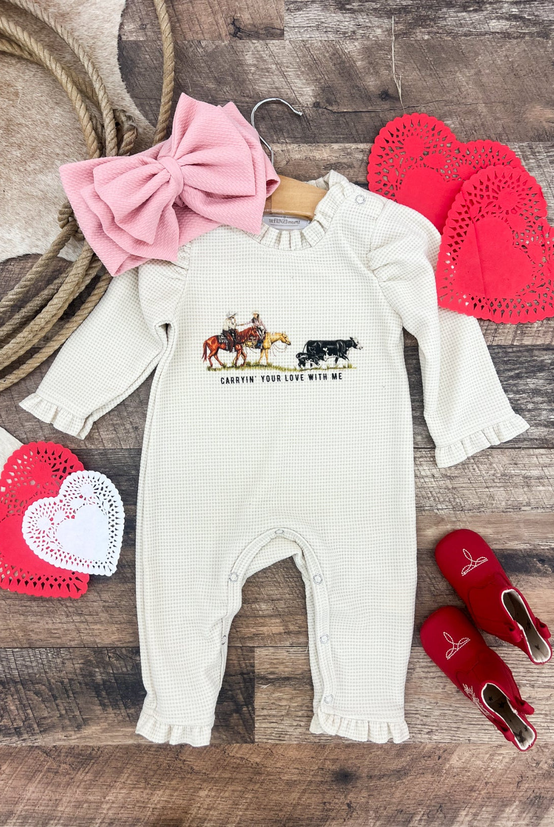 Carrying Your Love With Me Cowboy Valentines Waffle Romper(Infant)(Cream)