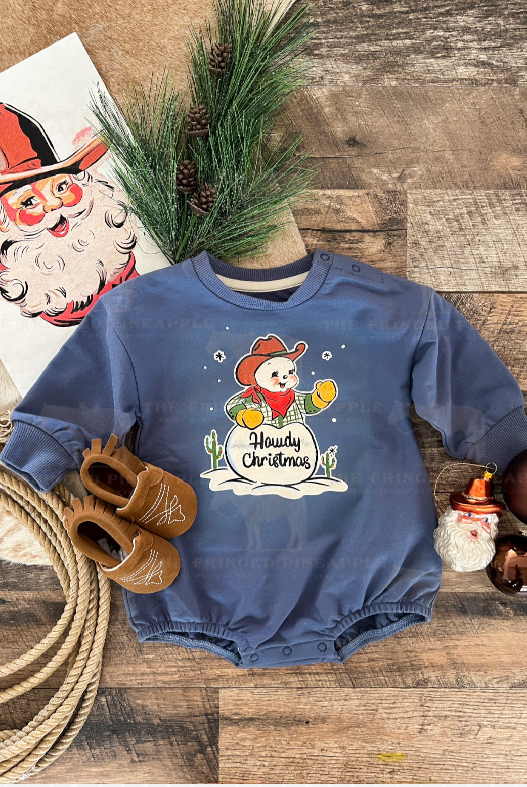 Howdy Snowman Christmas Bubble Romper (Steele Blue)
