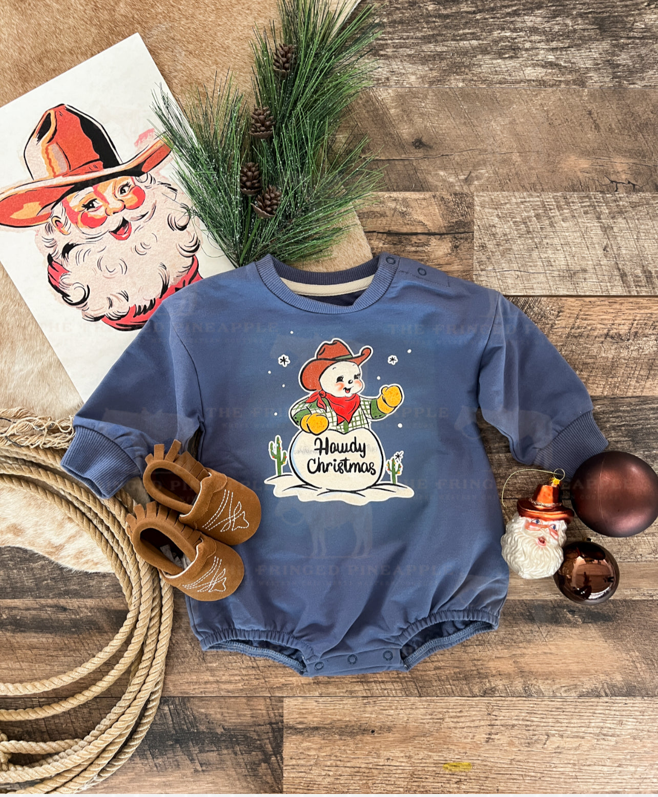 Howdy Snowman Christmas Bubble Romper (Steele Blue)