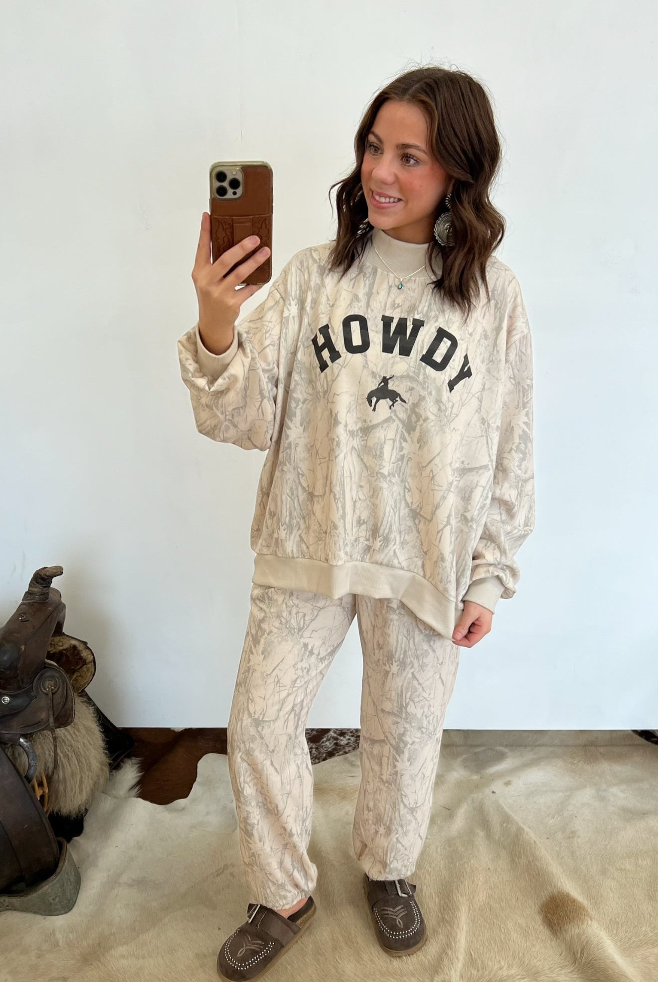 Howdy Western Oversized Mock Neck Set (Taupe Camo)