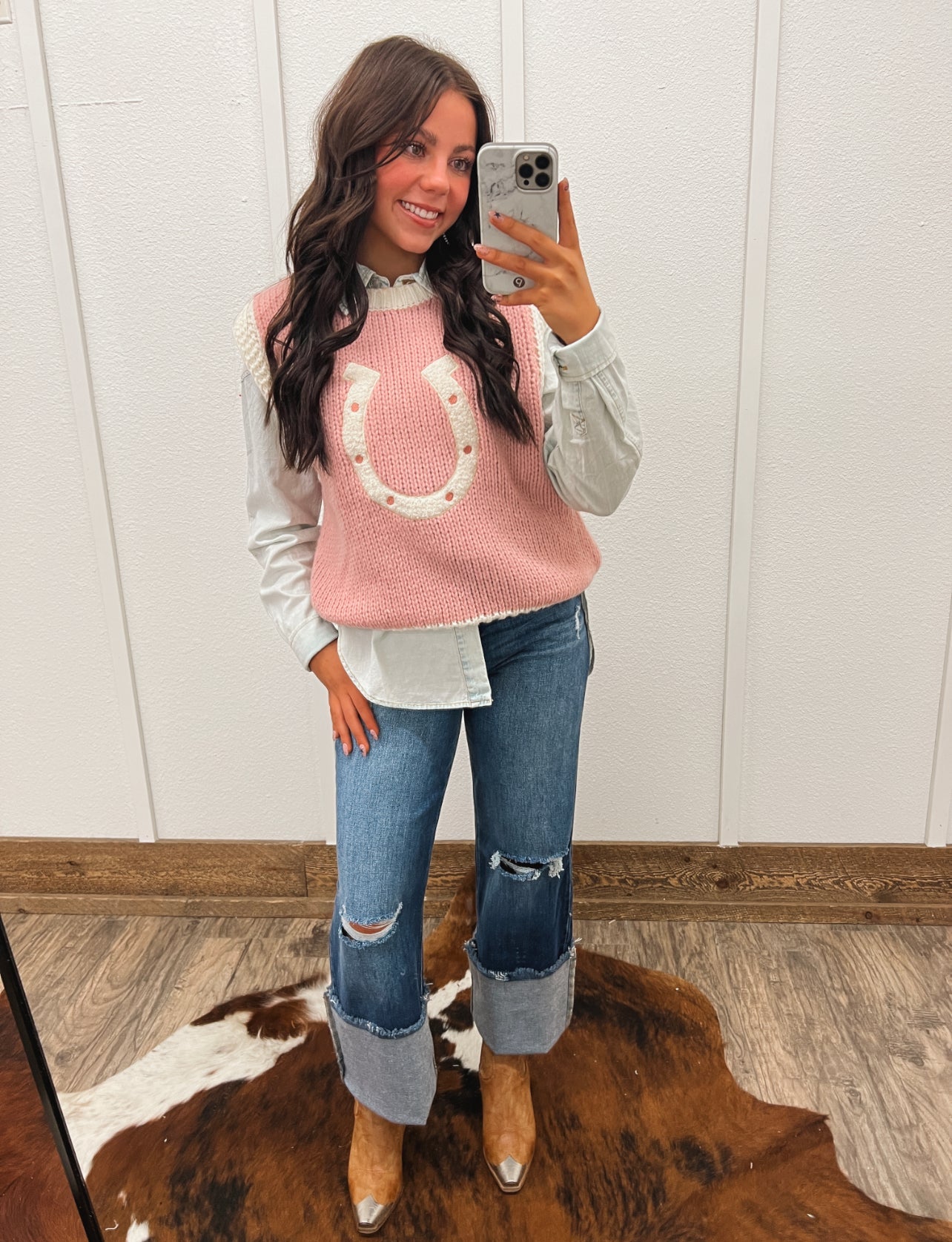 Wild Woven Horseshoe Sweater Vest(Pink) Tops - Sweaters