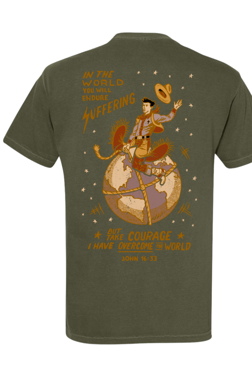 ’Take Courage’ Cowboy on the World Tee-John 16:33 (Hemp)