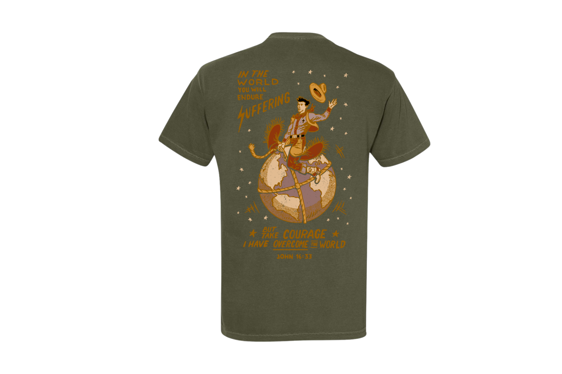 ’Take Courage’ Cowboy on the World Tee-John 16:33 (Hemp)