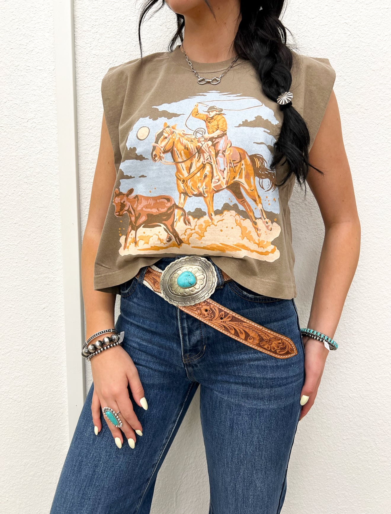 The Calf Roper Muscle Tank(Adult)(Faded Brown)
