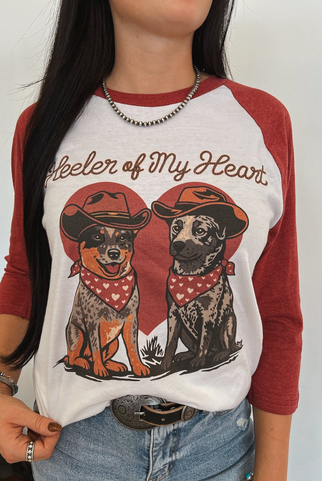 Heeler Of My Heart Valentines Raglan Tee — Heather Red/Cream