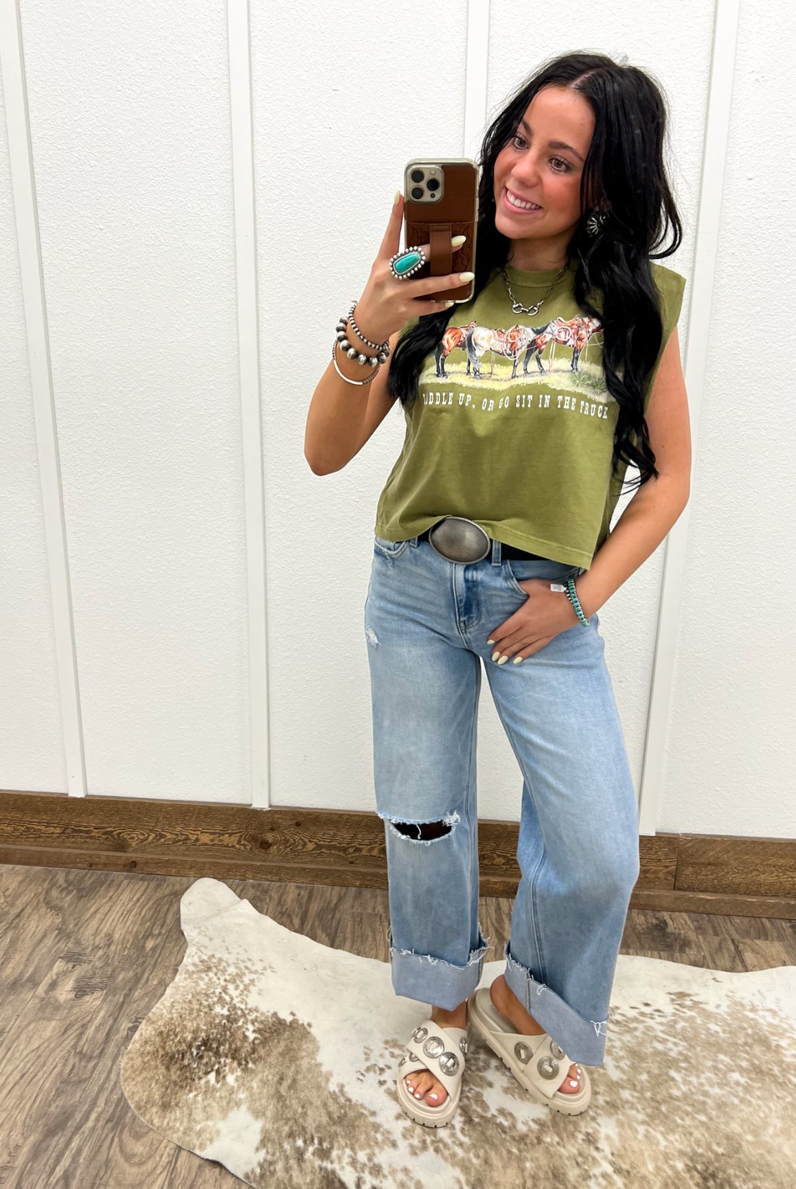 Saddle Up Or Go Sit In The Truck Muscle Tank(Adult)(Faded Army)