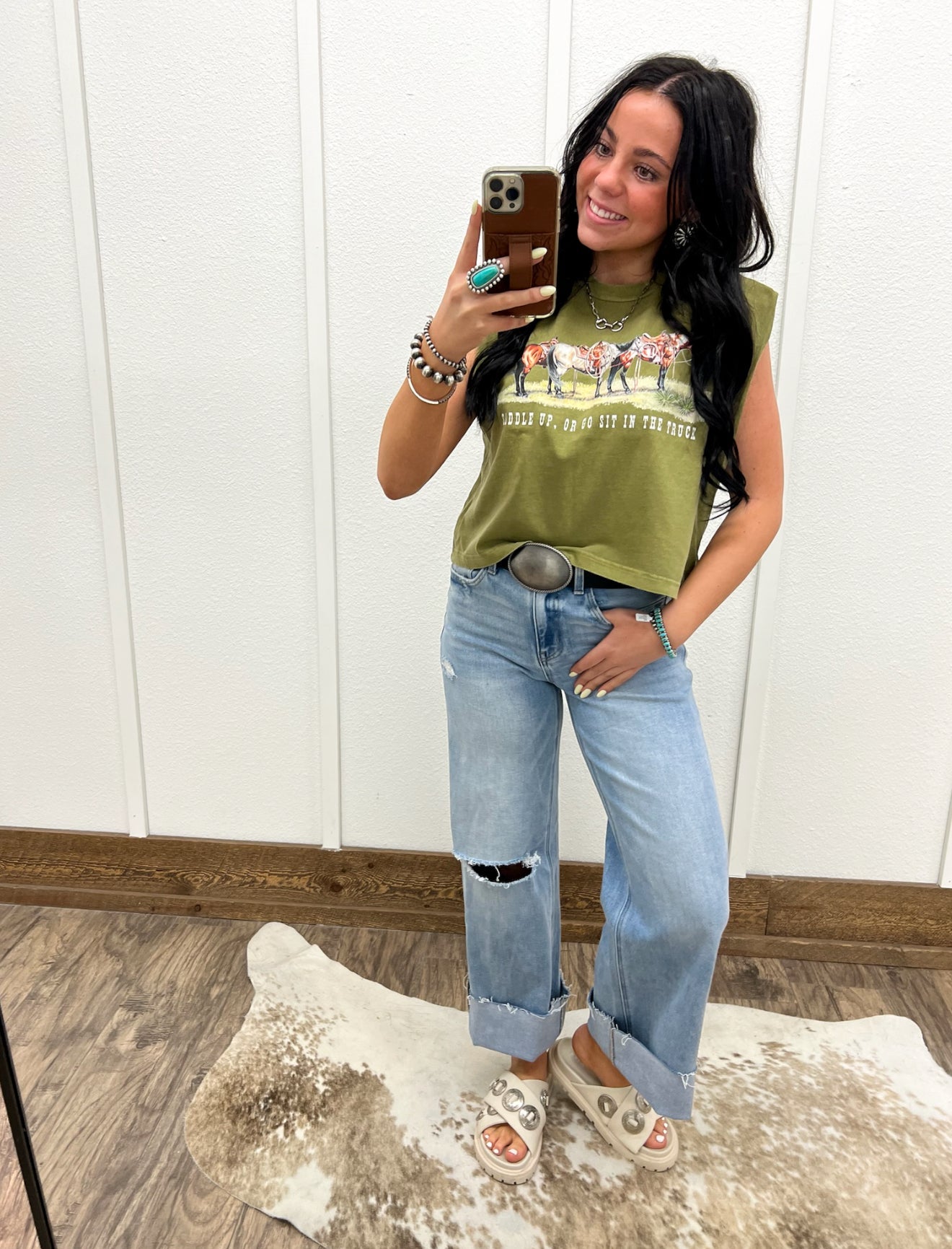 Saddle Up Or Go Sit In The Truck Muscle Tank(Adult)(Faded Army)