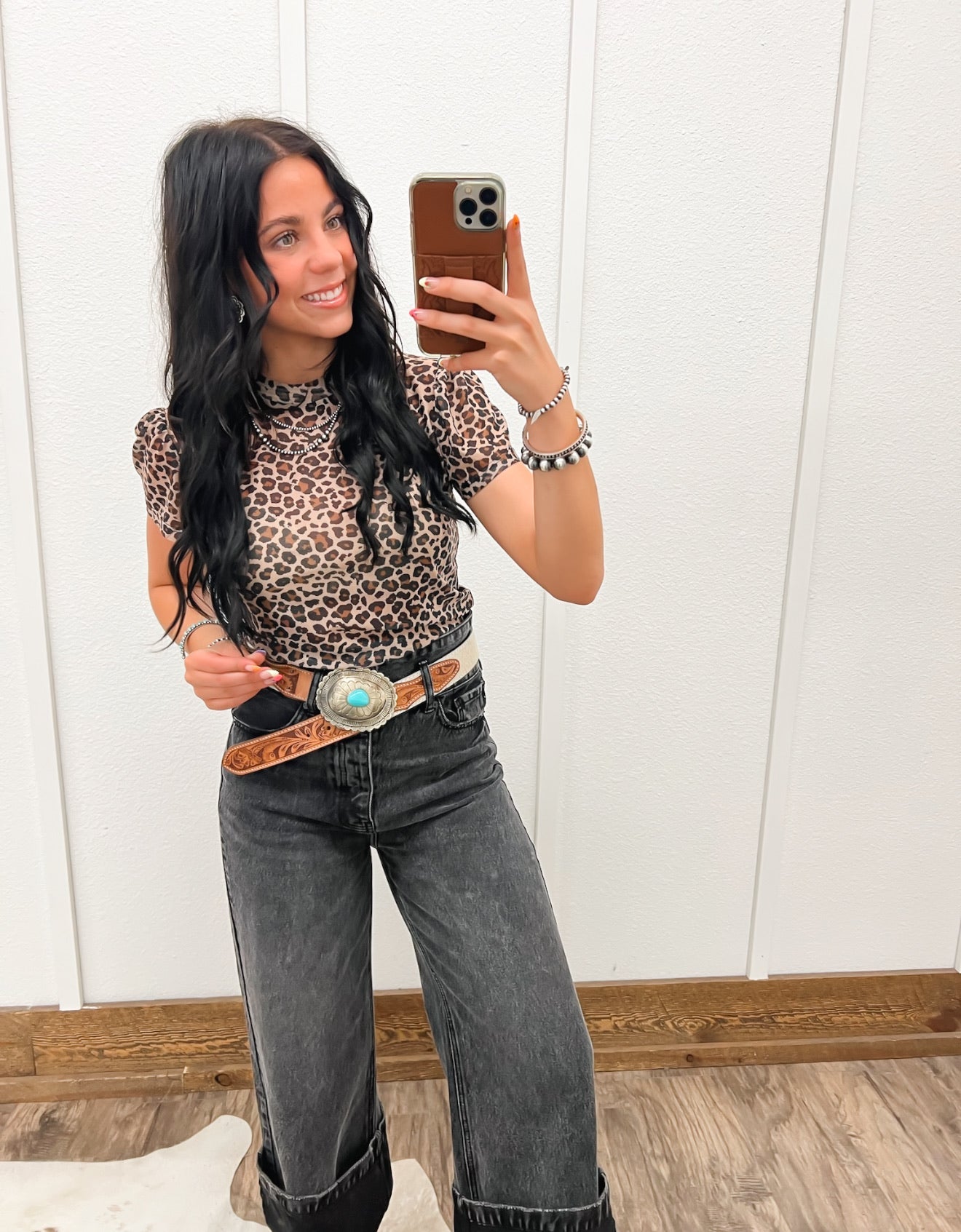 Leopard Puff Sleeve Mesh Top