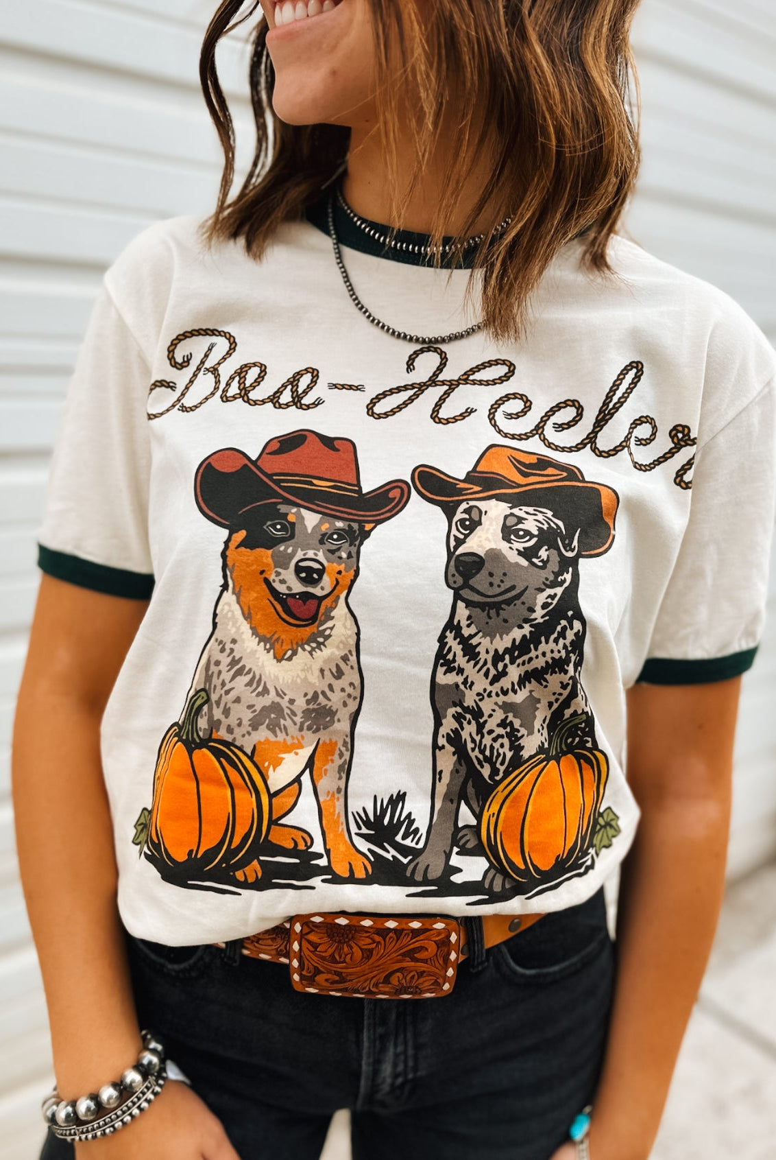 Boo-Heeler Ringer Tee(Cream/Forest Green)