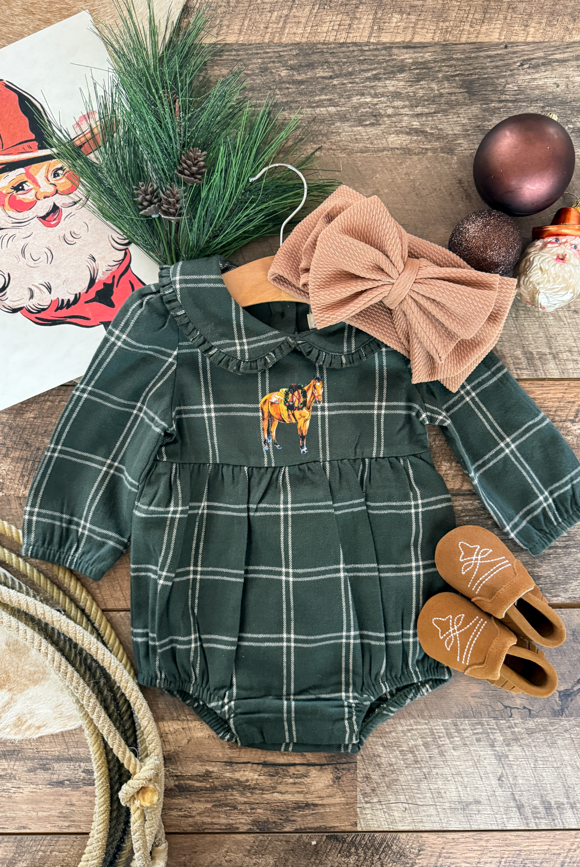 Christmas Horse Green Plaid Flannel Romper