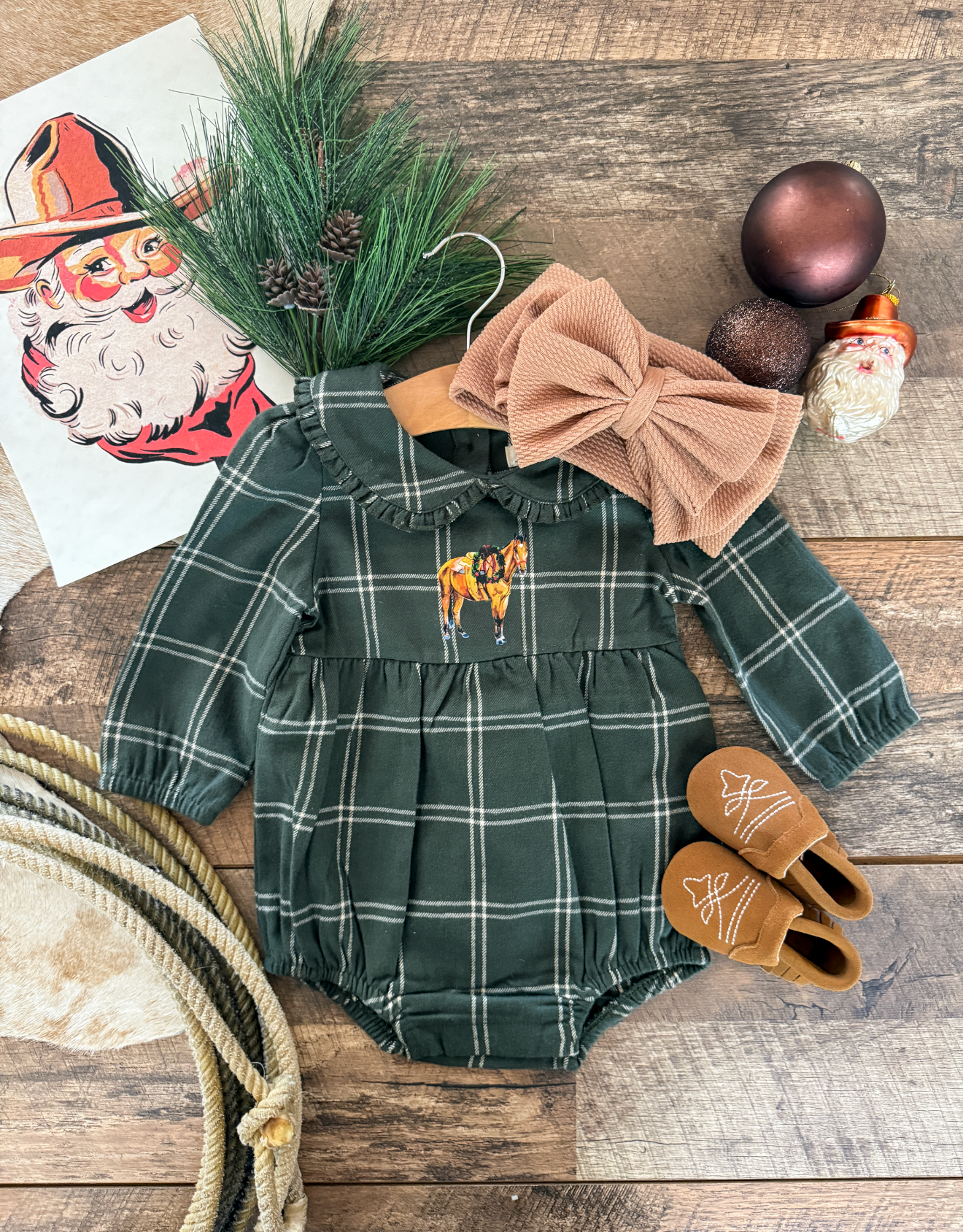 Christmas Horse Green Plaid Flannel Romper