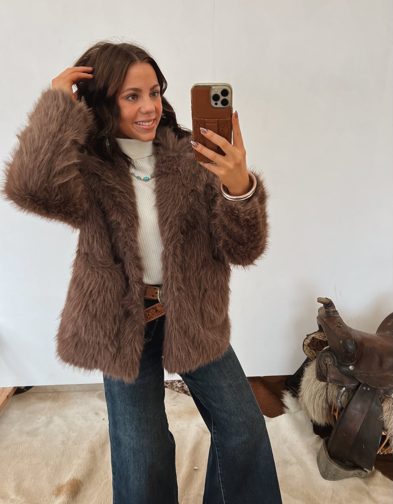 Beth Faux Fur Coat (Mocha) Tops - Outwear