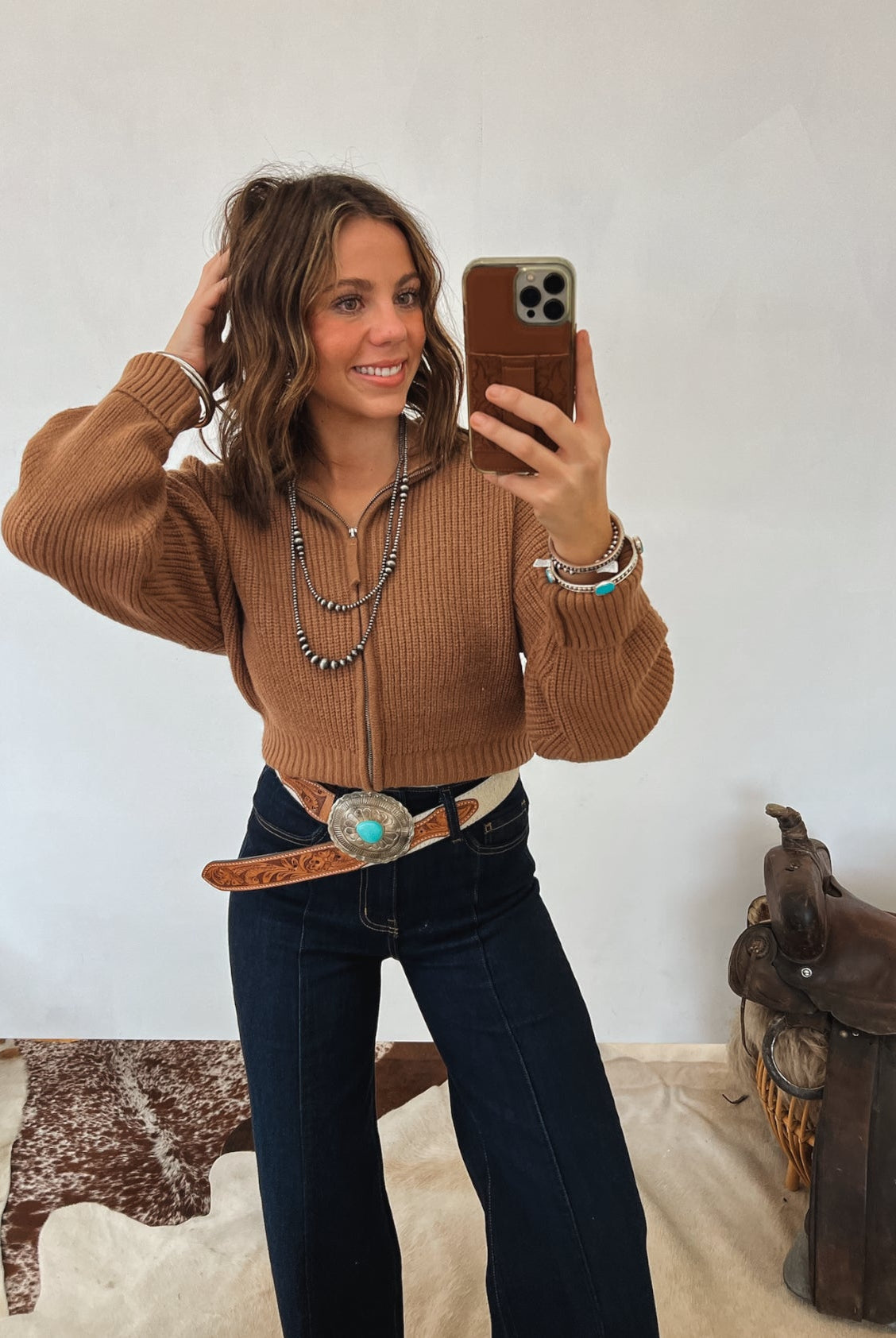 Honky Tonk Collared Zip Up (Deep Camel)