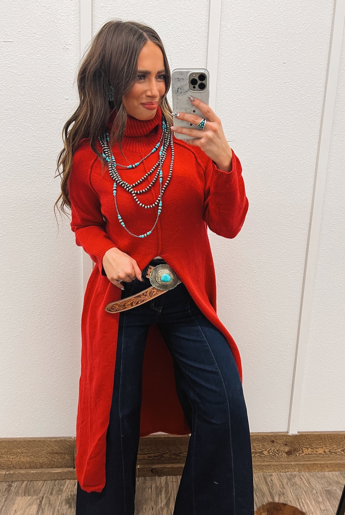 (Restocking Nov 25’)Turtle Neck Sweater Dress With Slit (Red) Tops - Sweaters