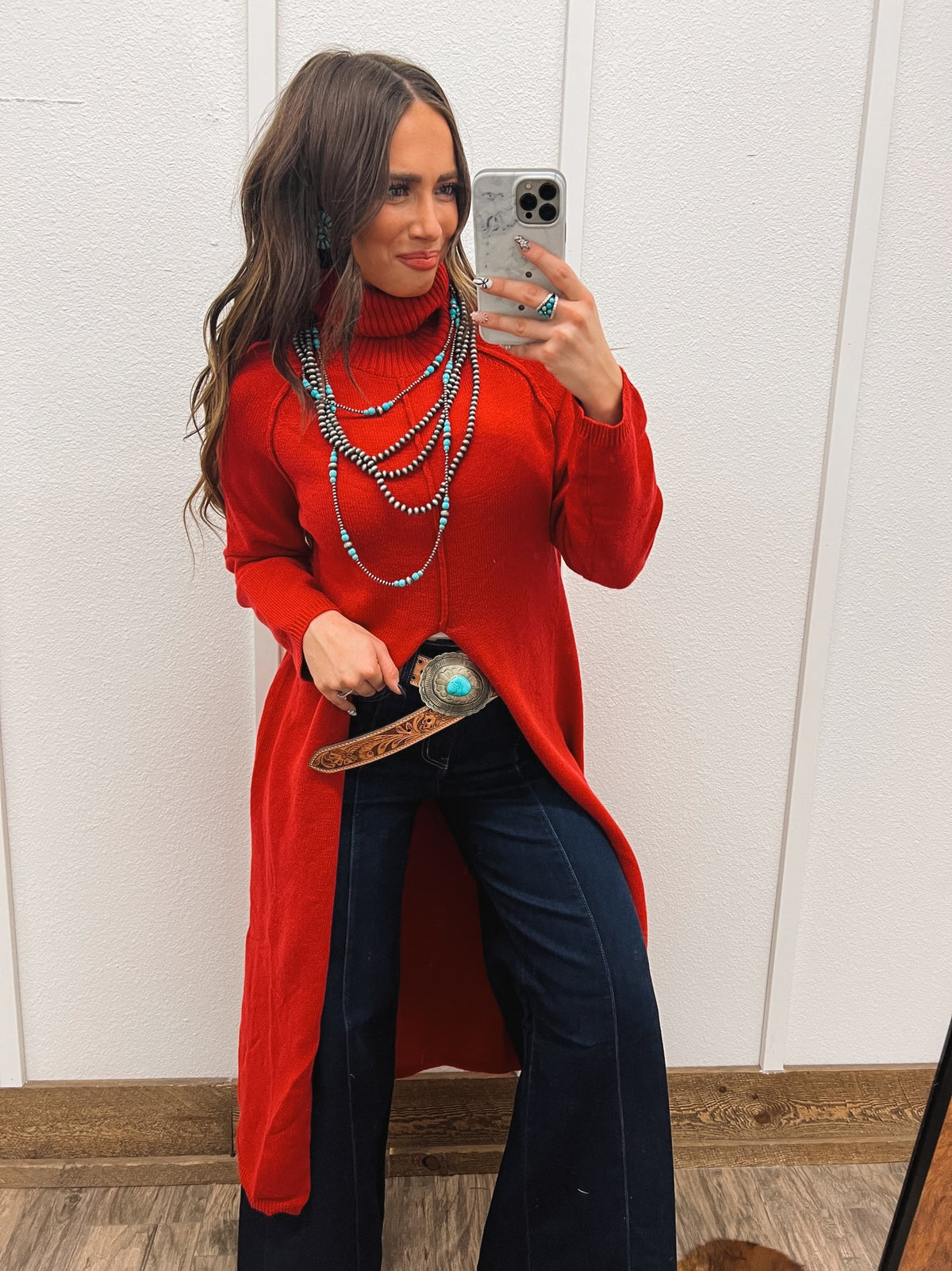 (Restocking Nov 25’)Turtle Neck Sweater Dress With Slit (Red) Tops - Sweaters