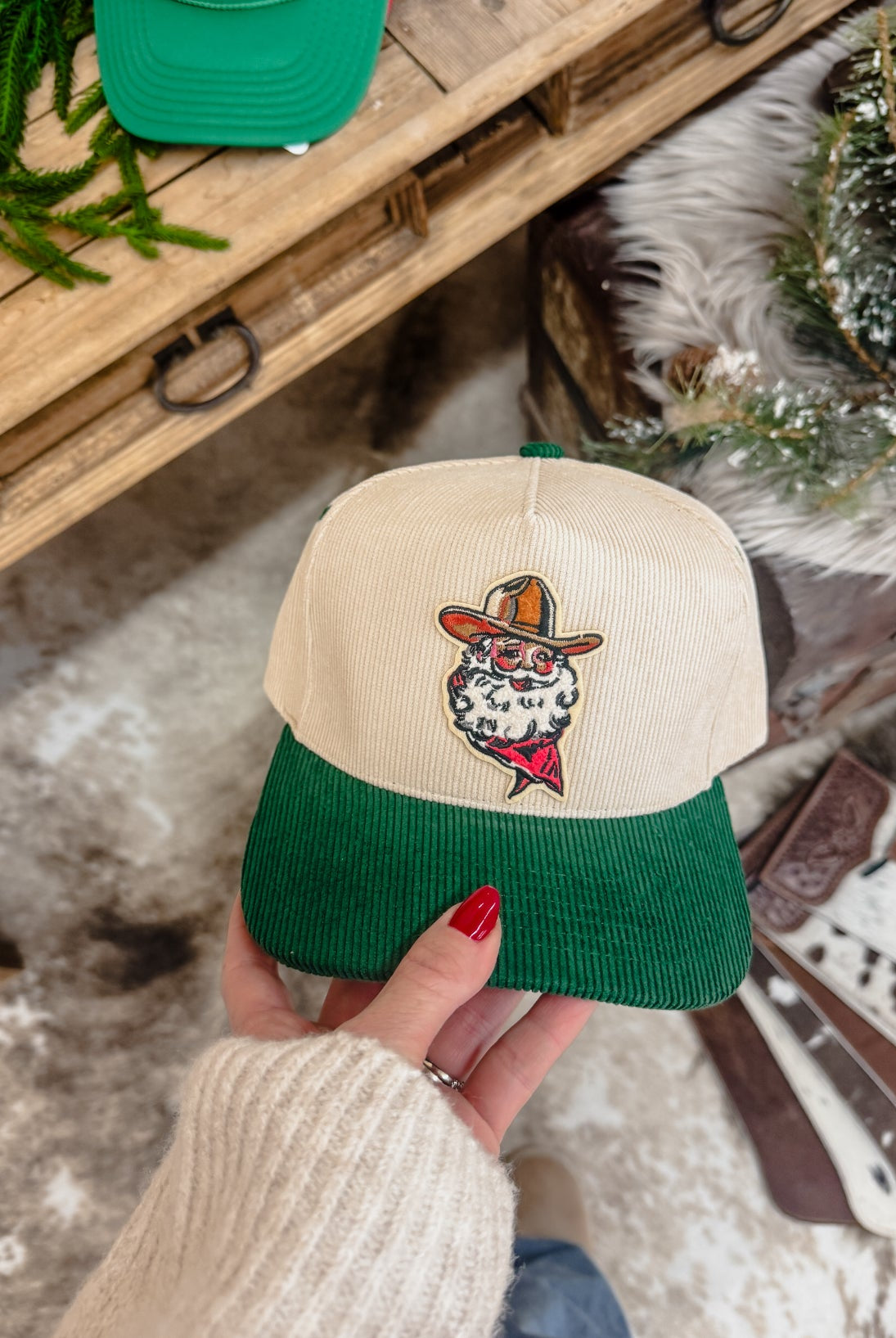 Cord Chenille Cowboy Santa Patch Hat(green/cream)