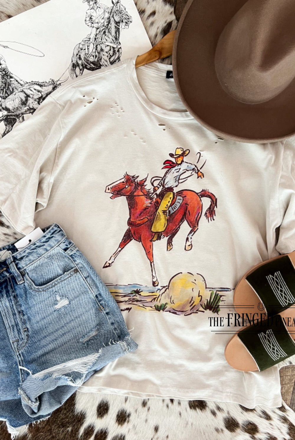 Cody Horse Distressed Tee (Adult)(Taupe)