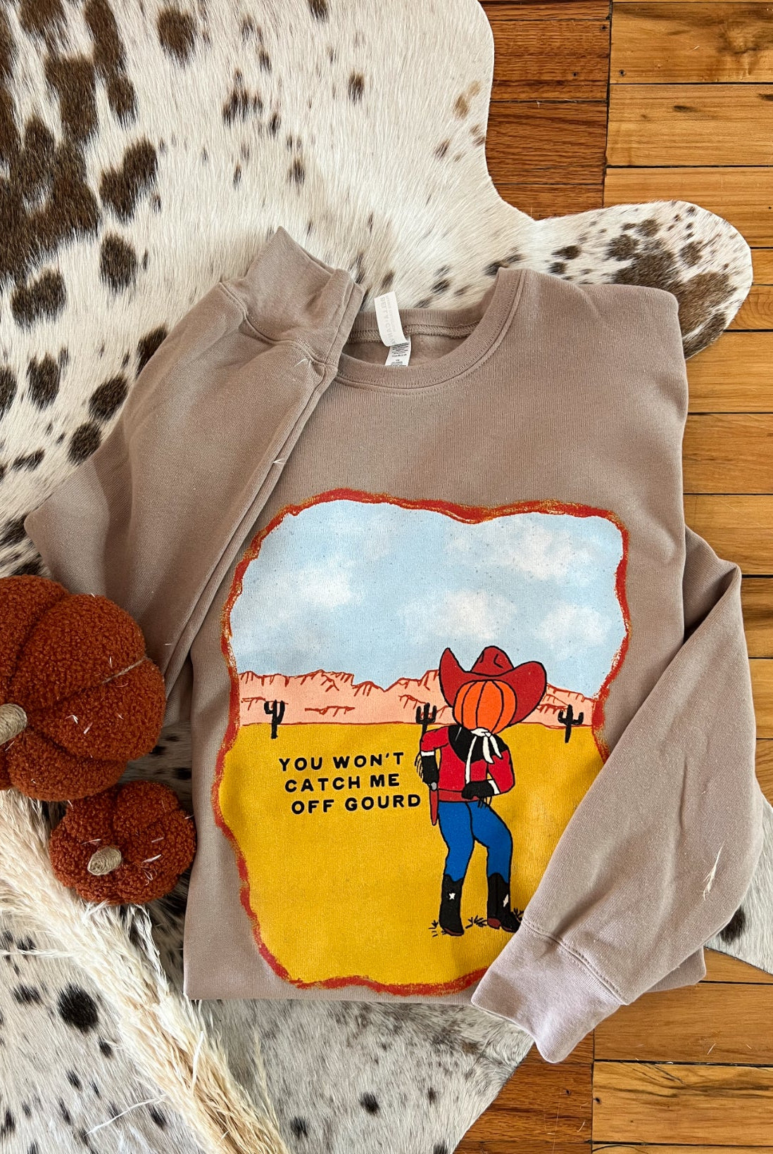 Caught off Gourd Halloween Graphic Design Tee or Sweatshirt (mocha)