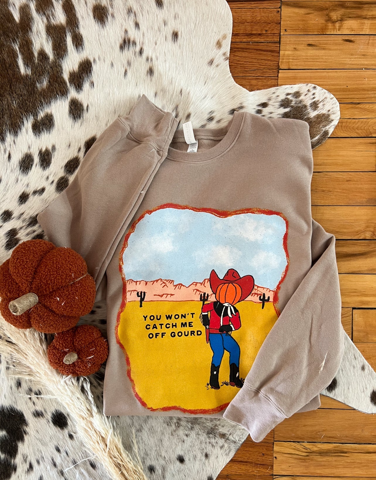 Caught off Gourd Halloween Graphic Design Tee or Sweatshirt (mocha)