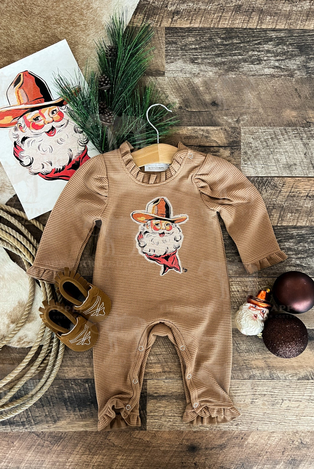 Cowboy Santa Chirstmas Graphic Design Waffle Romper(cognac)(little kid