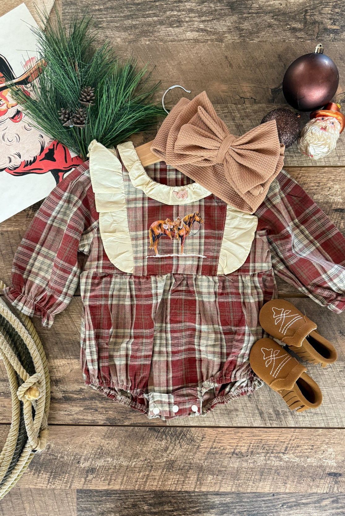 Red Plaid Horse Flannel Romper