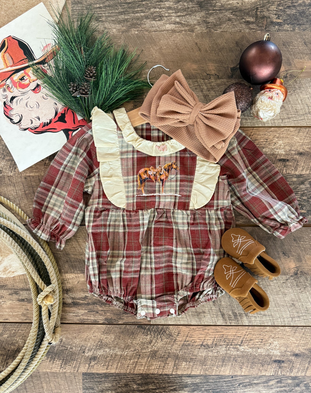 Red Plaid Horse Flannel Romper