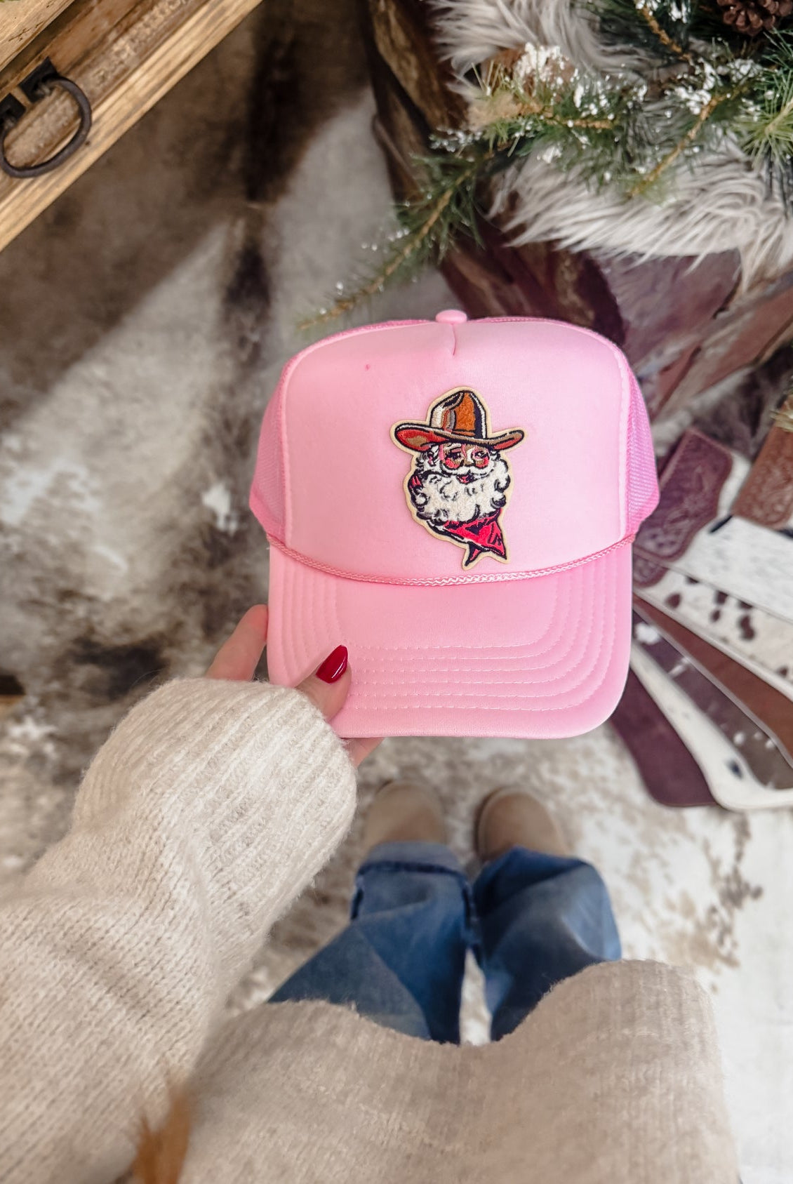 Chenille Cowboy Santa Patch Trucker Hat (pink)