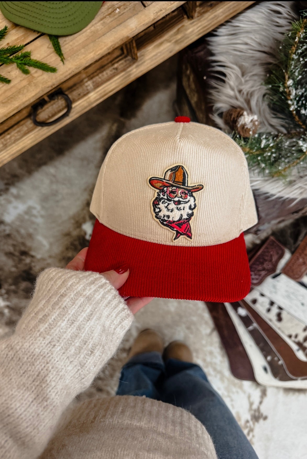 Cord Chenille Cowboy Santa Patch Hat(red/cream)