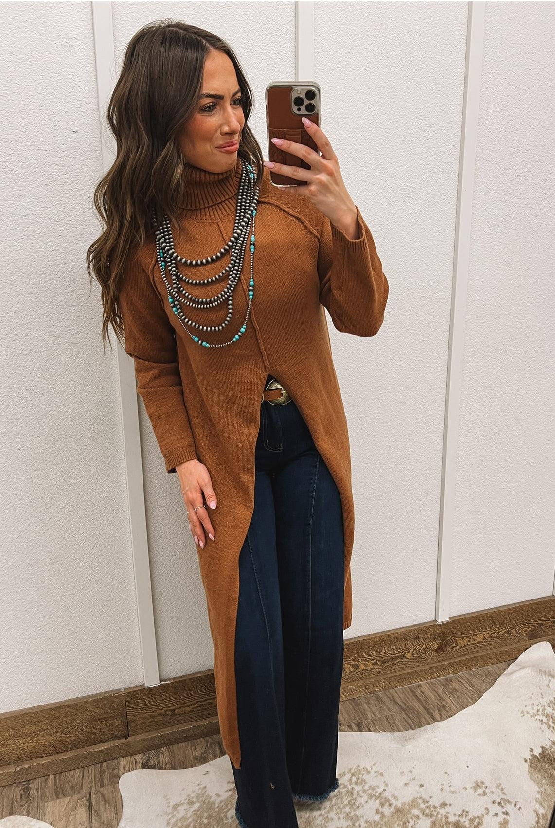 Turtle Neck Sweater Dress With Slit (Camel) Tops - Sweaters