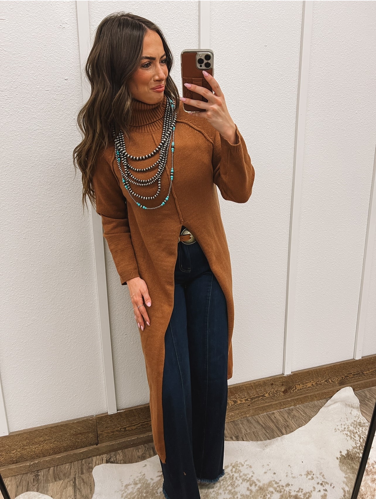 Turtle Neck Sweater Dress With Slit (Camel) Tops - Sweaters
