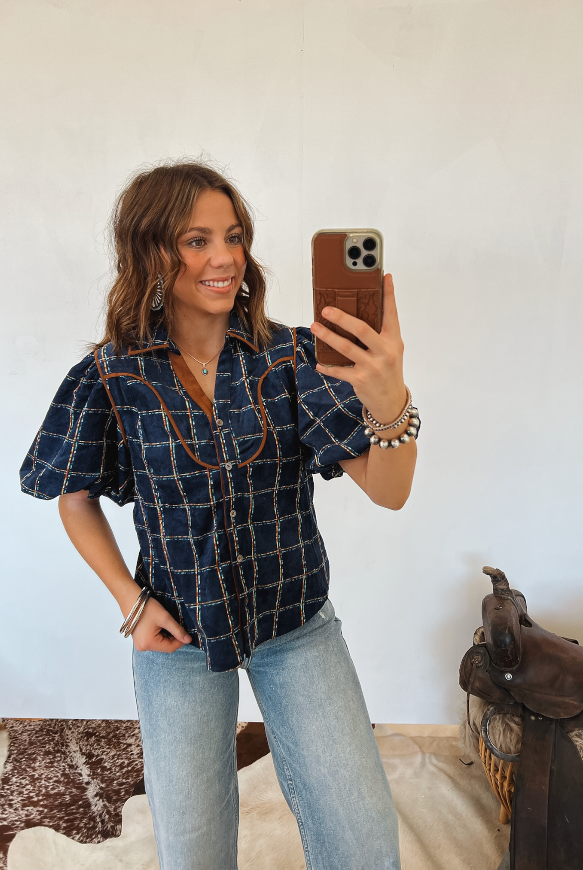 Plaid Puff Sleeve Blouse Tops -Blouses